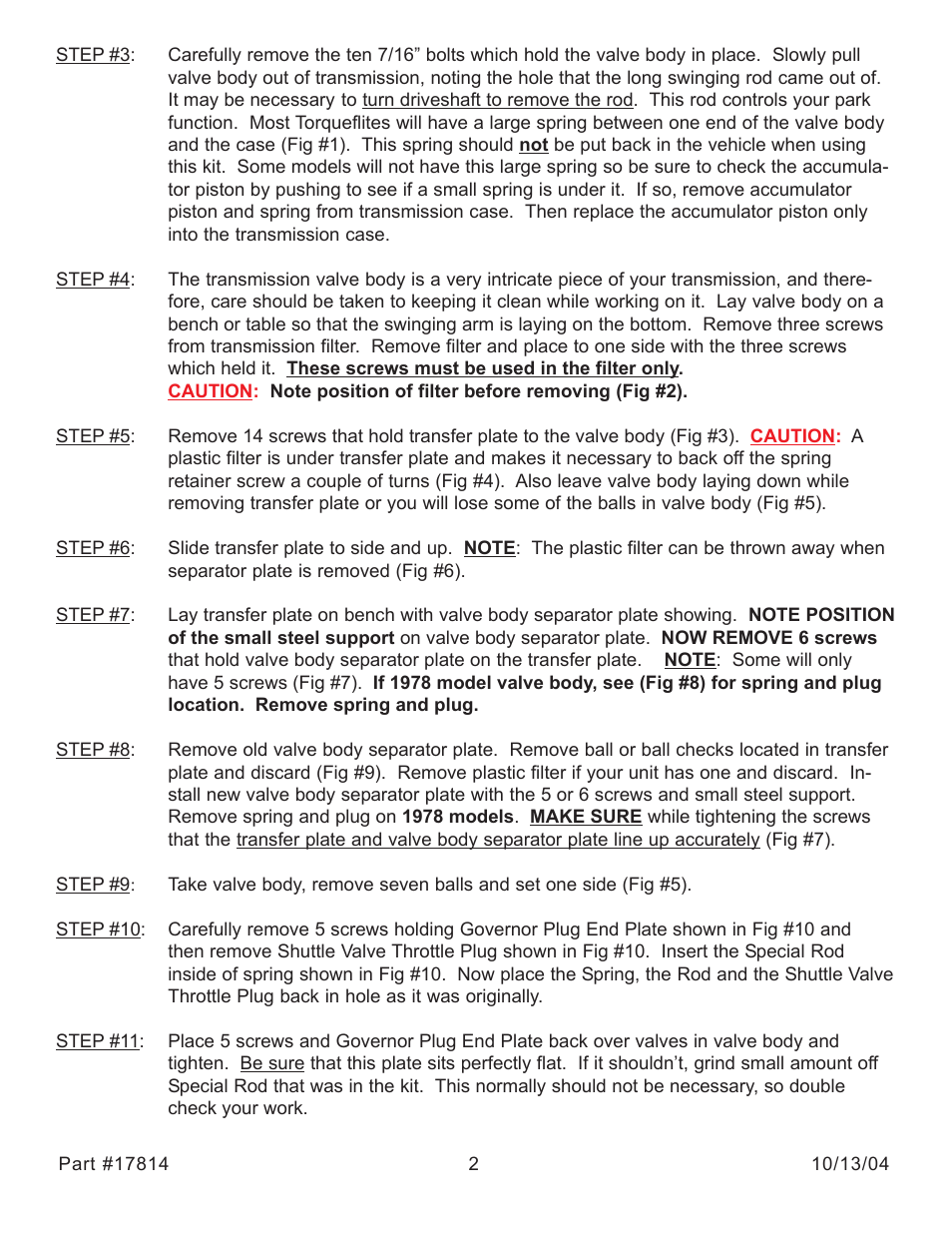 Turbo Action 17814 CHEETAH Power Shifts Valve Body Kit, 78-91 Torqueflite 727, 904, 998 & 999 User Manual | Page 2 / 8