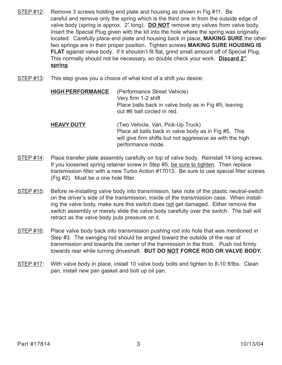 Turbo Action 17814 CHEETAH Power Shifts Valve Body Kit, 78-91 Torqueflite 727, 904, 998 & 999 User Manual | Page 3 / 8