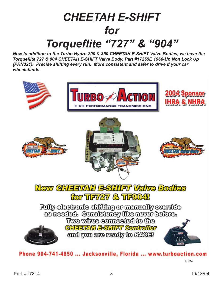 Turbo Action 17814 CHEETAH Power Shifts Valve Body Kit, 78-91 Torqueflite 727, 904, 998 & 999 User Manual | Page 8 / 8