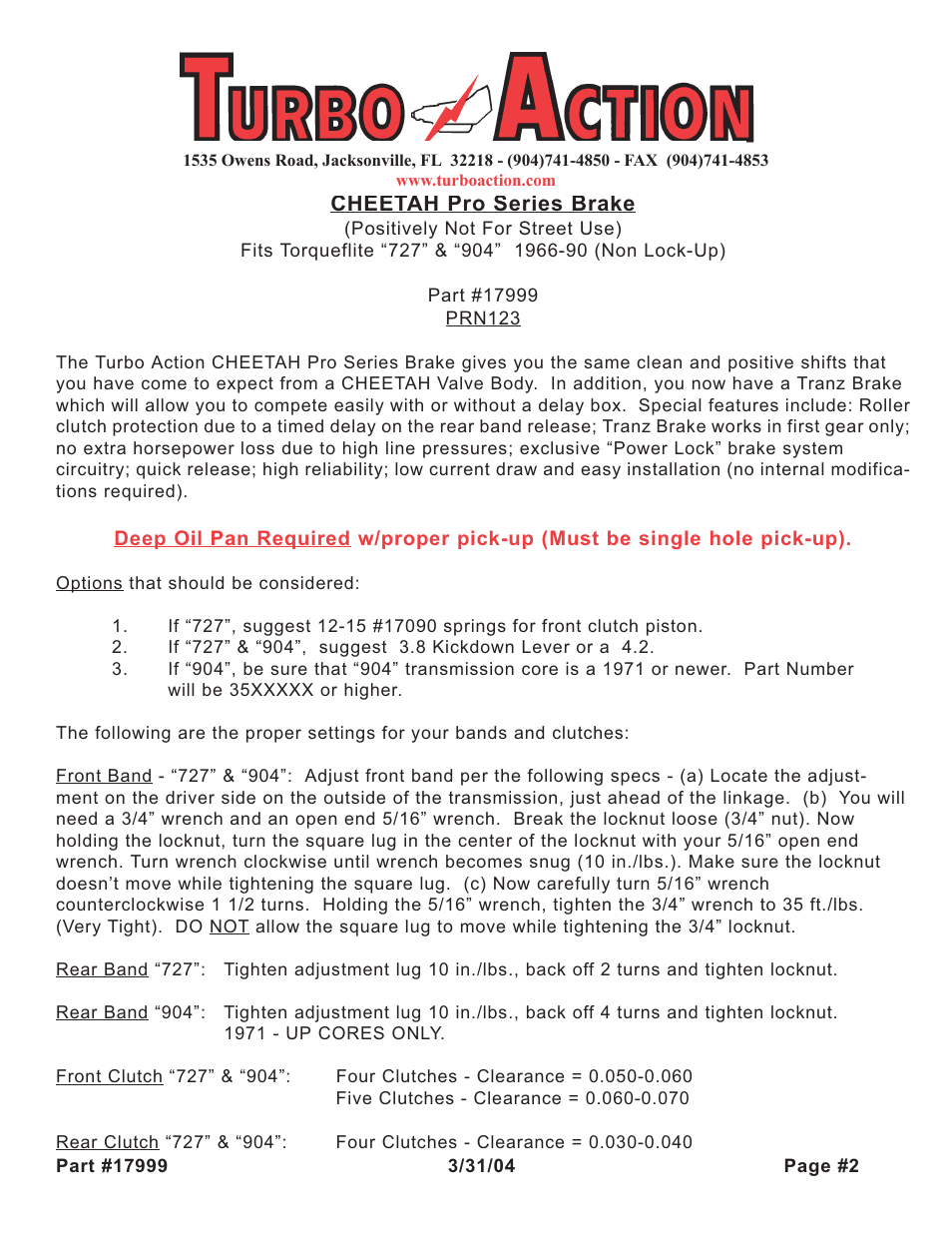 Cheetah pro series brake | Turbo Action 17999 Torqueflite 727, 904, 998 & 999 Tranz Brake (PRN123) User Manual | Page 2 / 12