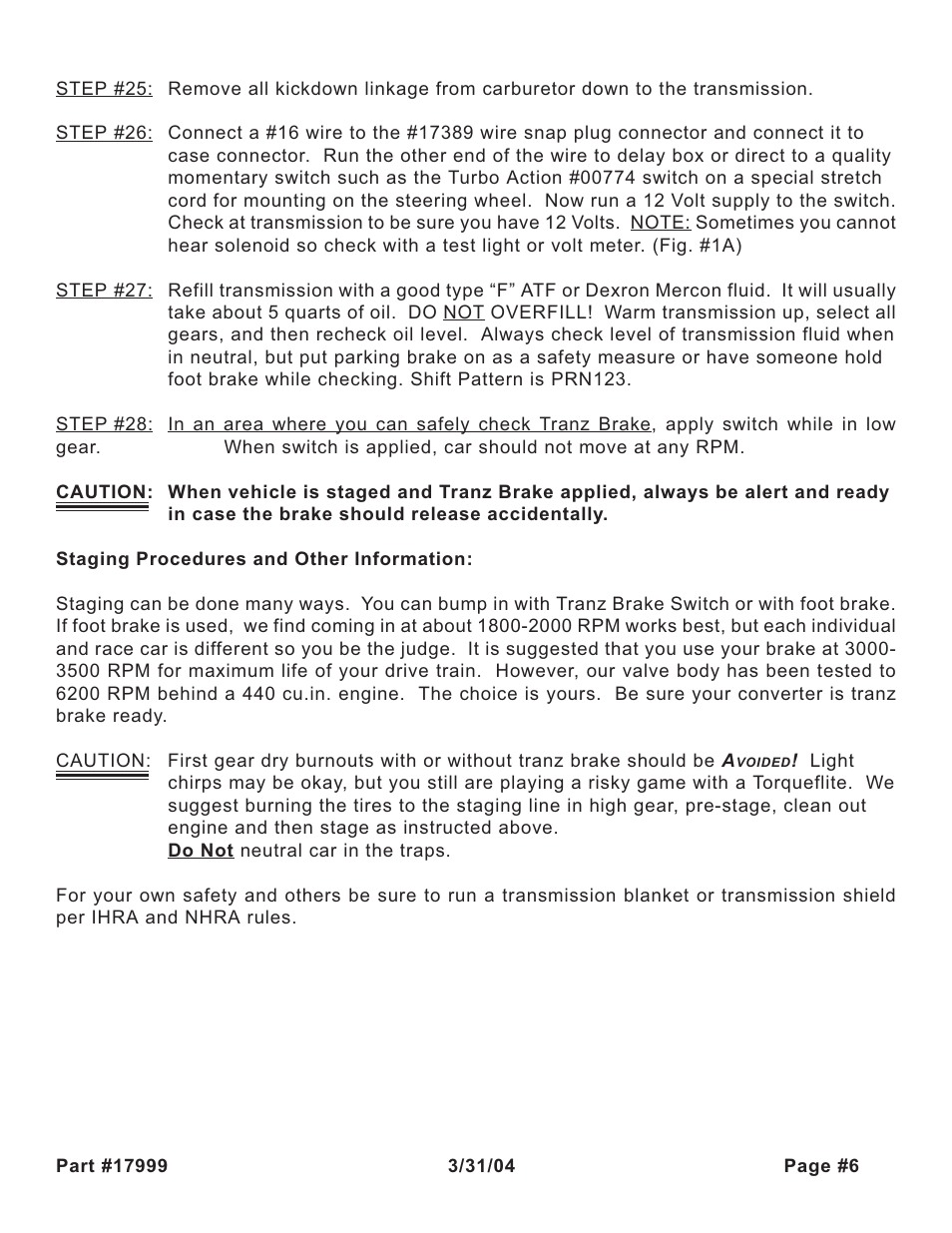 Turbo Action 17999 Torqueflite 727, 904, 998 & 999 Tranz Brake (PRN123) User Manual | Page 6 / 12
