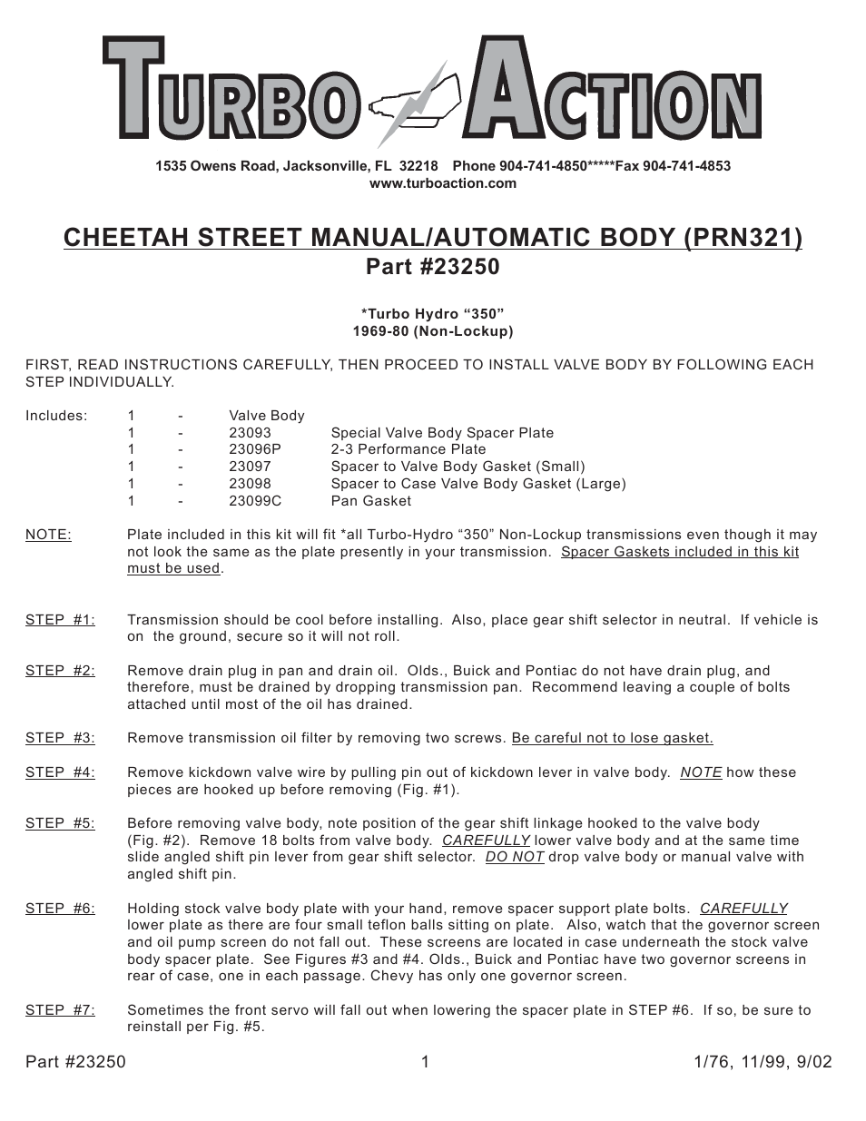 Turbo Action 23250 Turbo Hydro 350 Street Manual/Automatic Valve Body (PRN321) User Manual | 6 pages