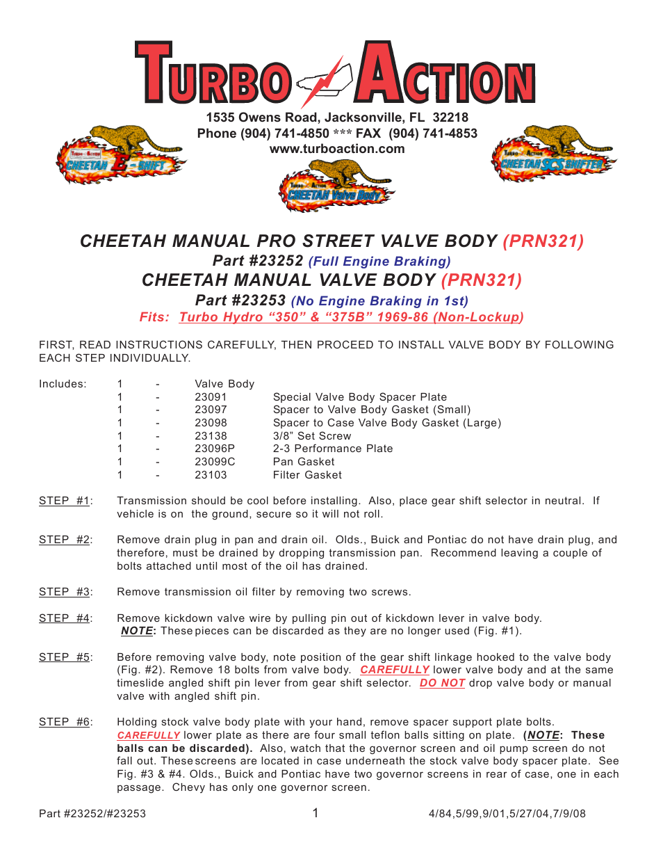 Turbo Action 23253 Turbo Hydro 350 Manual Valve Body (PRN321) User Manual | 4 pages