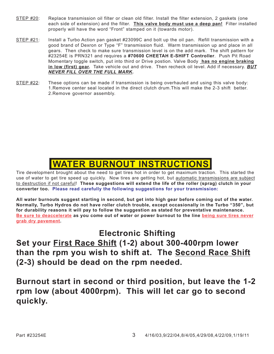 Water burnout instructions | Turbo Action 23254E Turbo Hydro 350 Pro Electronic Shift Valve Body (PRND21) User Manual | Page 11 / 40