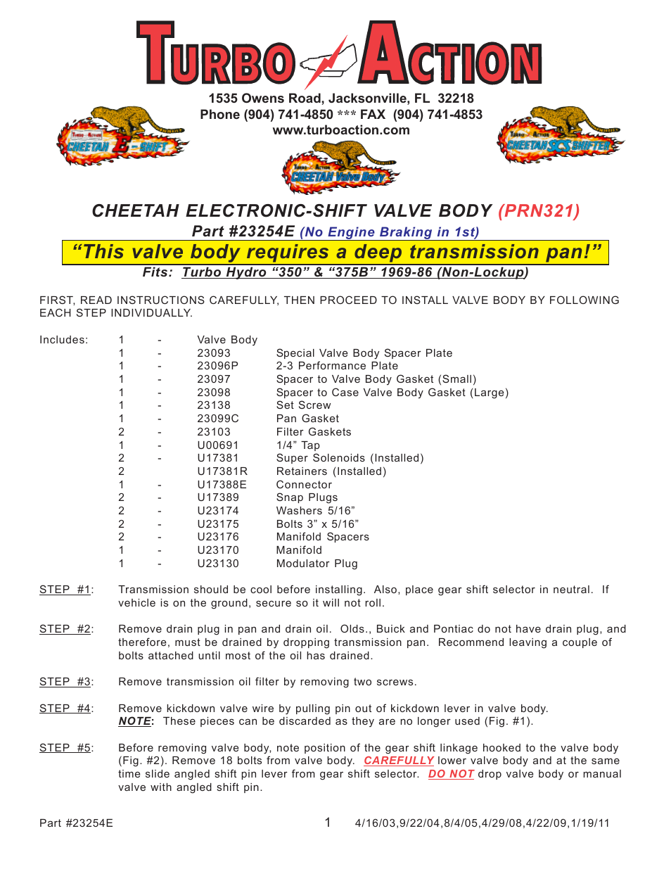 This valve body requires a deep transmission pan, Cheetah electronic-shift valve body (prn321) | Turbo Action 23254E Turbo Hydro 350 Pro Electronic Shift Valve Body (PRND21) User Manual | Page 17 / 40