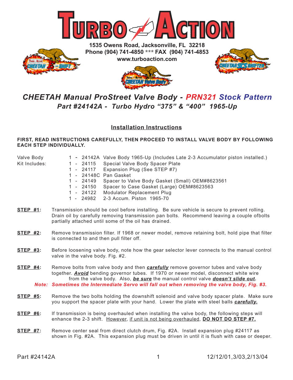 Turbo Action 24142A  Turbo Hydro 400 Pro Street Manual Valve Body (PRN321) User Manual | 4 pages