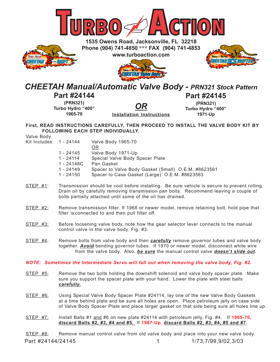 Turbo Action 24144 & 24145  Turbo Hydro 400 Pro Street Manual/Automatic Valve Body (PRN321) User Manual | 4 pages