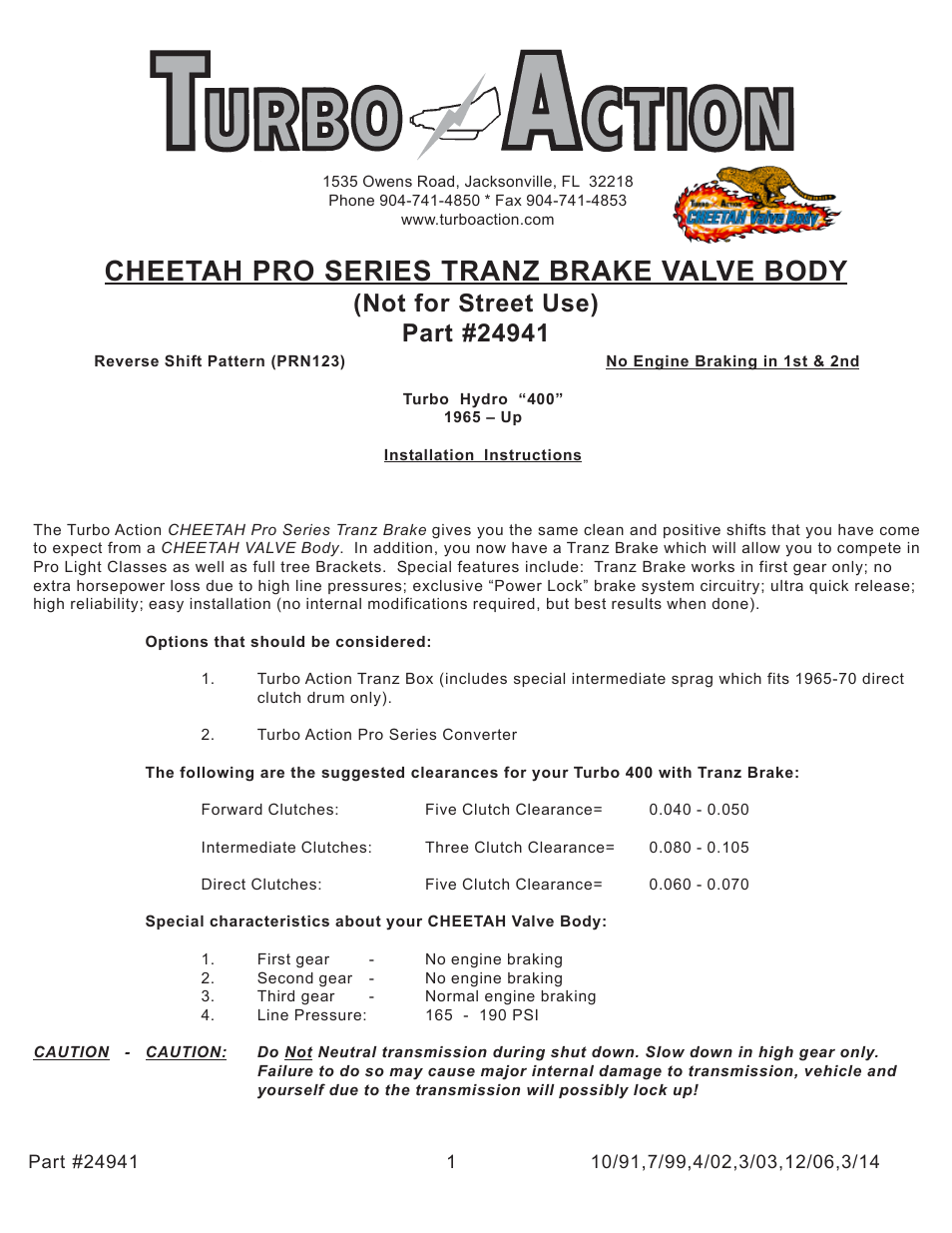 Turbo Action 24941 Turbo Hydro 400 Tranz Brake (PRN123) User Manual | 8 pages