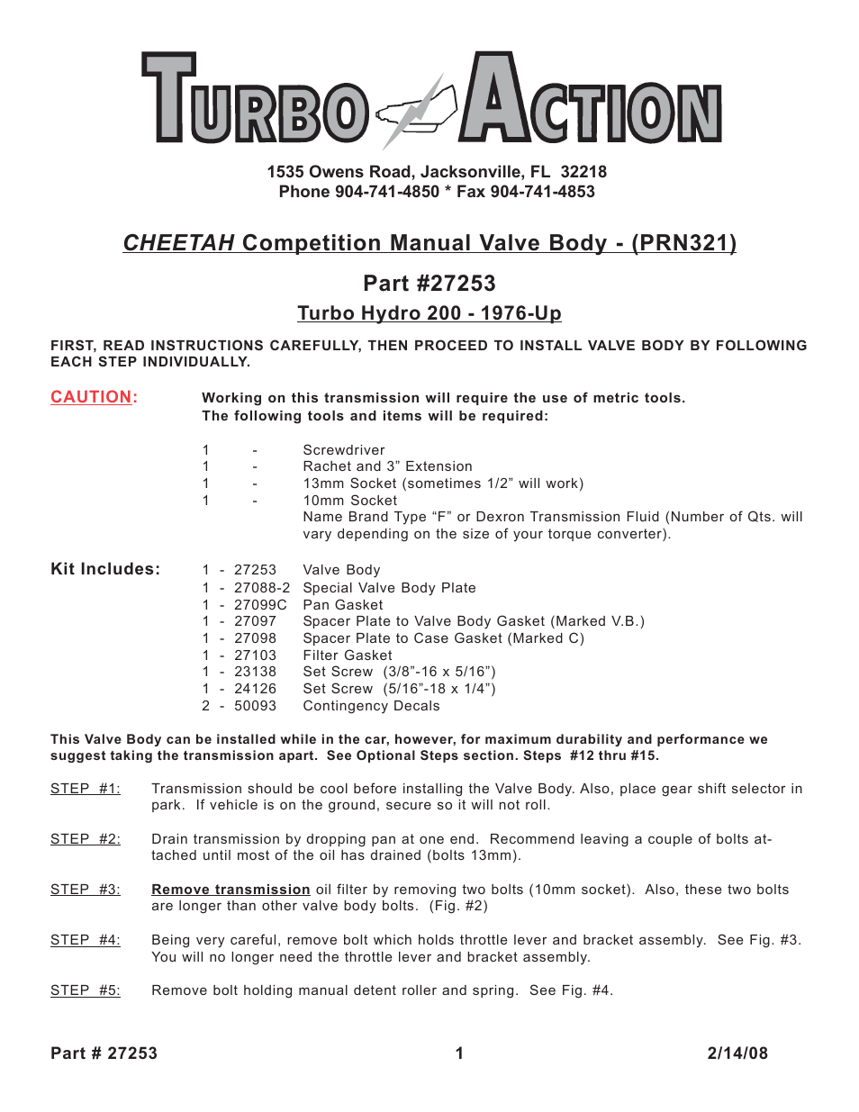Turbo Action 27253 Turbo Hydro 200 Manual Valve Body (PRN321) User Manual | 6 pages