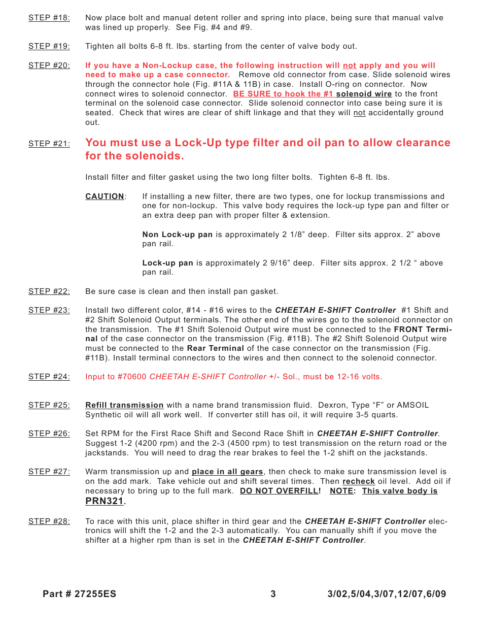 Turbo Action 27255E/ES Turbo Hydro 200 Electronic Shift Valve Body (PRND21) User Manual | Page 3 / 8