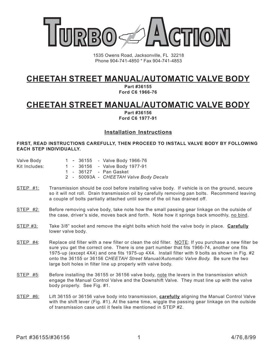 Turbo Action 36156 Ford C6 1966-76 Street Manual/Automatic Valve Body (PRND21) User Manual | 4 pages