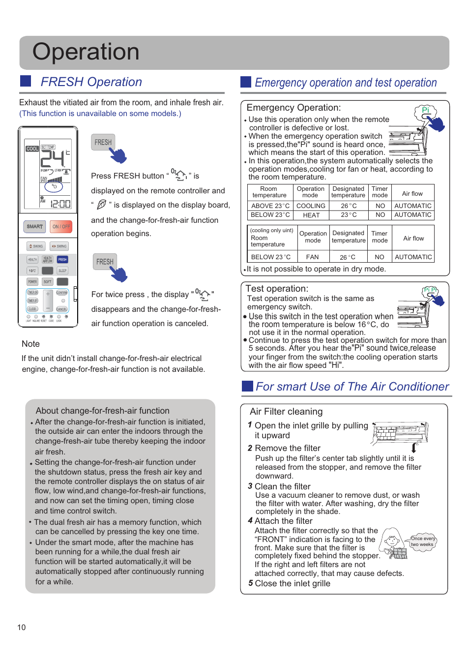 Operation, Fresh operation, Emergency operation and test operation | For smart use of the air conditioner, Emergency operation, Test operation, Air filter cleaning, About change-for-fresh-air function | haier HSU-09RS03_R2(SDB) User Manual | Page 10 / 12