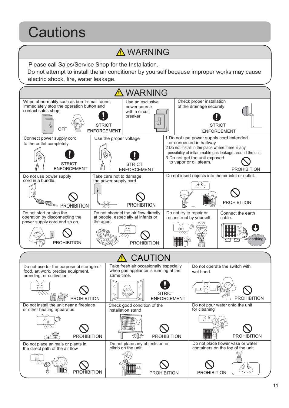 Cautions, Warning, Caution | Electric shock, fire, water leakage | haier HSU-09RS03_R2(SDB) User Manual | Page 11 / 12