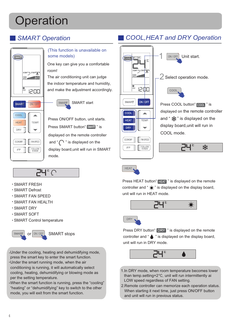 Operation, Smart operation, Cool,heat and dry operation | haier HSU-09RS03_R2(SDB) User Manual | Page 4 / 12