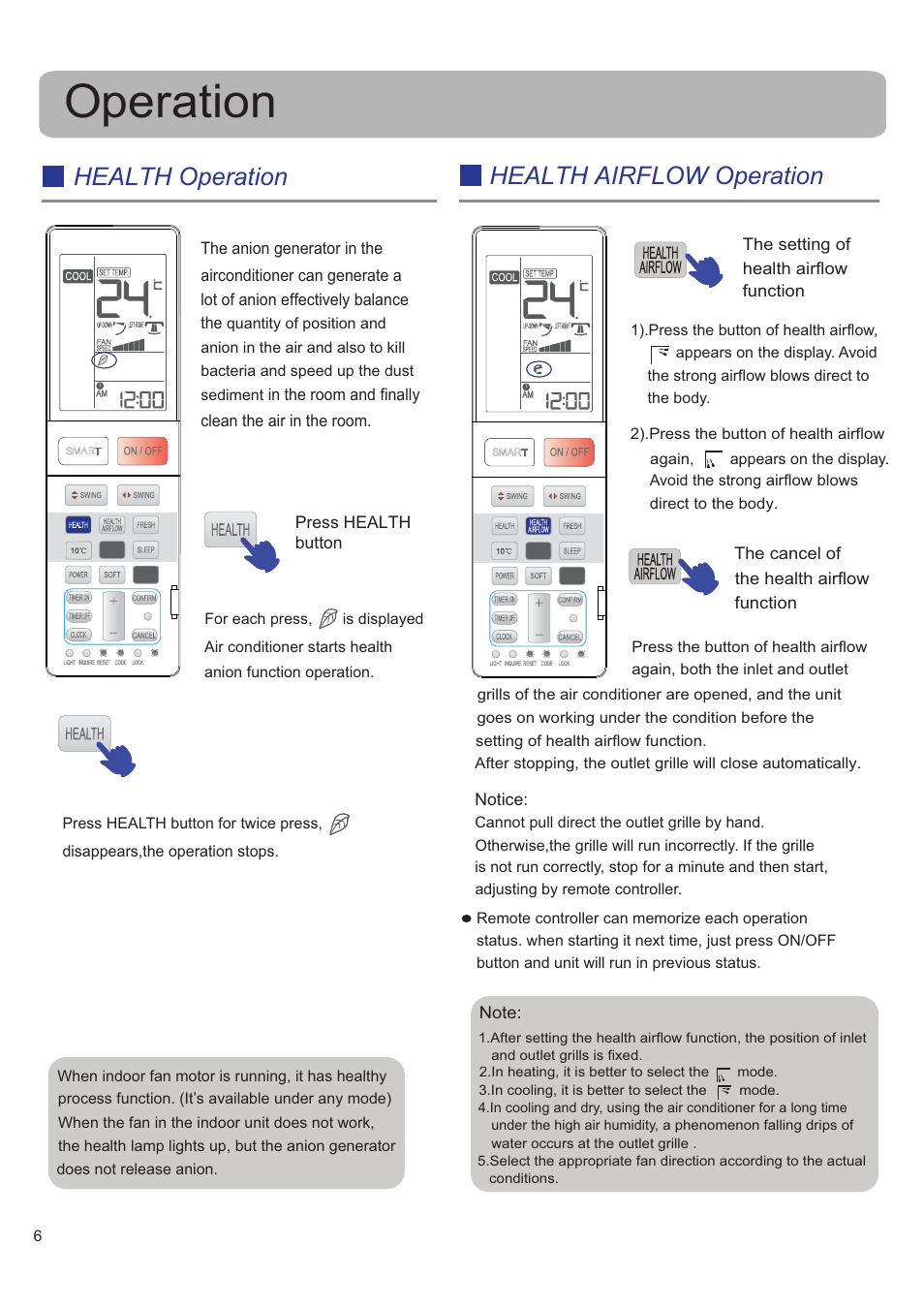 Operation, Health operation health airflow operation | haier HSU-09RS03_R2(SDB) User Manual | Page 6 / 12