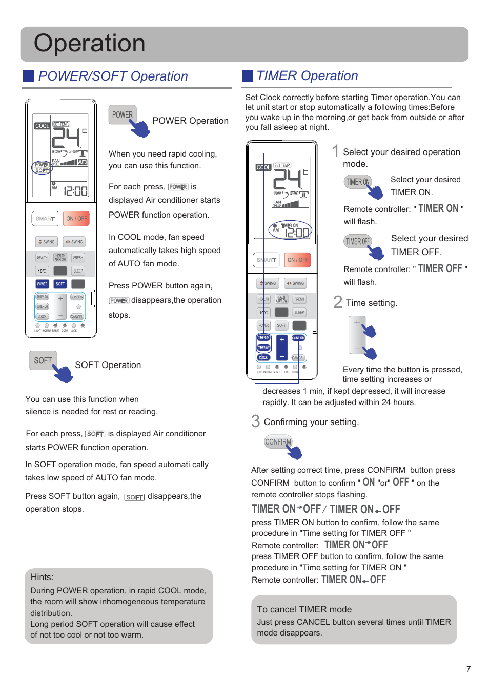 Operation, Power/soft operation, Timer operation | Off timer on, Timer on, Timer off, Off timer on off timer on | haier HSU-09RS03_R2(SDB) User Manual | Page 7 / 12