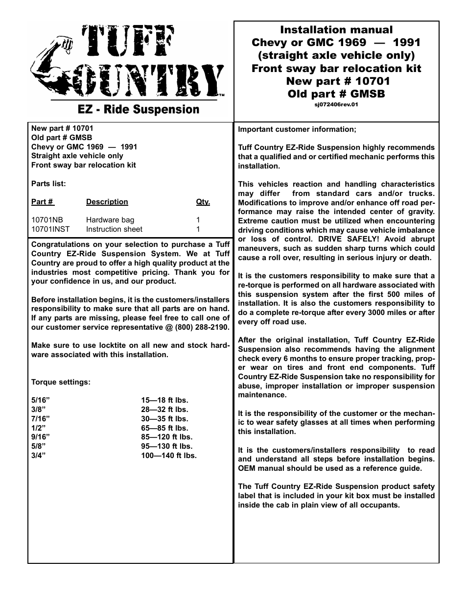 Tuff Country 10701 - GM 69-91 Sway Bar Relcation Kit User Manual | 3 pages