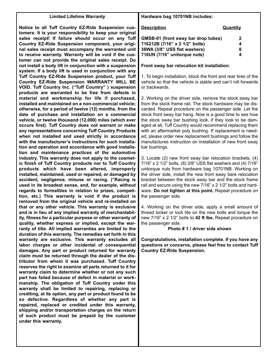 Tuff Country 10701 - GM 69-91 Sway Bar Relcation Kit User Manual | Page 2 / 3