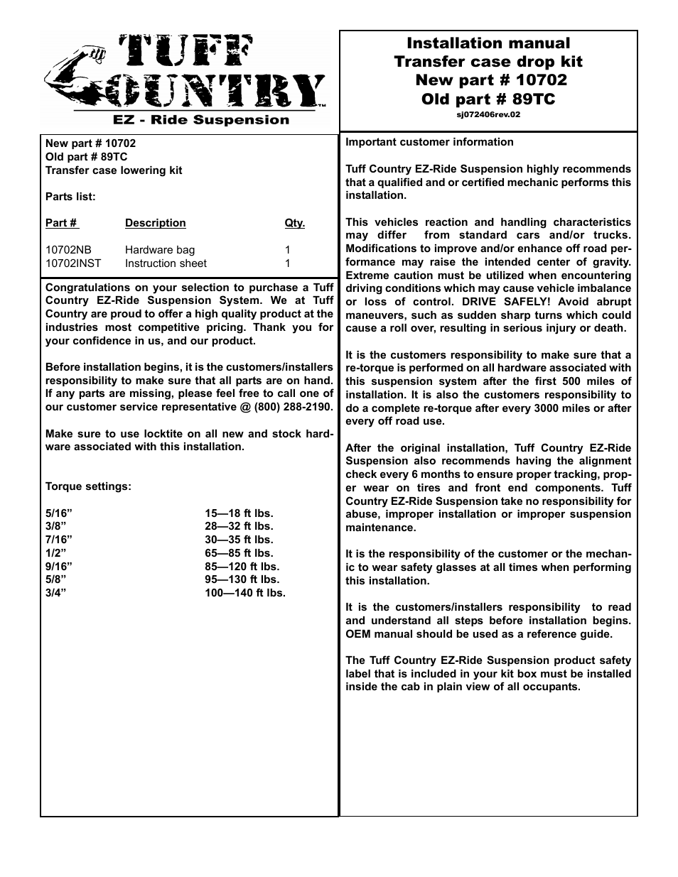 Tuff Country 10702 - GM 69-91 Transfer Case Drop Kit User Manual | 3 pages