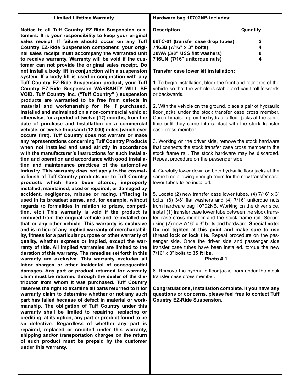 Tuff Country 10702 - GM 69-91 Transfer Case Drop Kit User Manual | Page 2 / 3