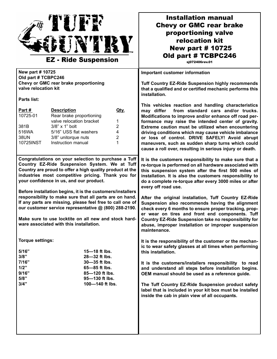 Tuff Country 10725 - GM Rear Brake Proportioning Valve Relocation Kit User Manual | 2 pages