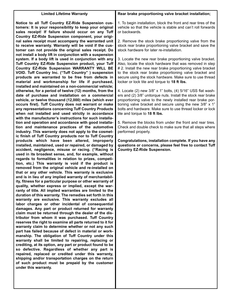Tuff Country 10725 - GM Rear Brake Proportioning Valve Relocation Kit User Manual | Page 2 / 2