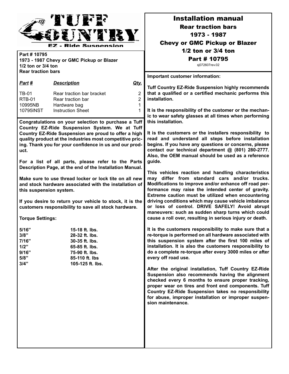 Tuff Country 10795 - GM 73-87 Traction Bars User Manual | 4 pages