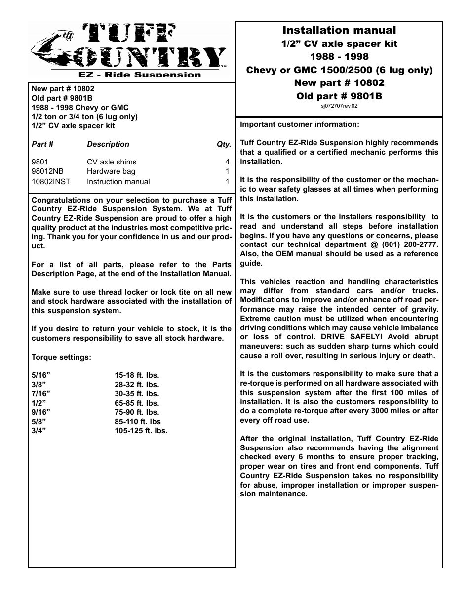 Tuff Country 10802 - GM 88-98 CV Alxe Spacer Kit User Manual | 3 pages