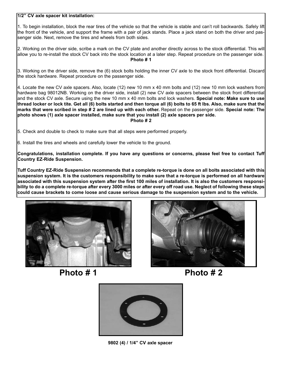 Photo # 1 photo # 2 | Tuff Country 10803 - GM 88-98 CV Axle Spacer Kit User Manual | Page 3 / 3