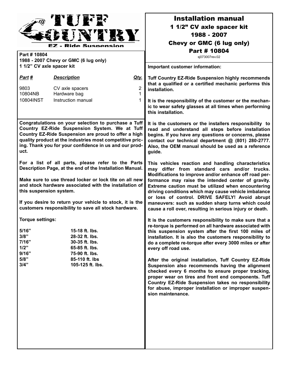 Tuff Country 10804 - GM 88-98 CV Axle Spacer Kit User Manual | 3 pages