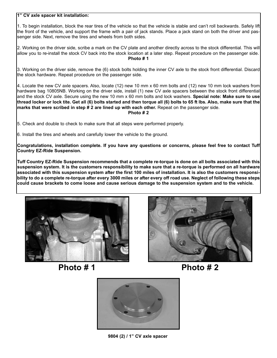 Photo # 1 photo # 2 | Tuff Country 10805 - GM 88-98 CV Axle Spacer Kit User Manual | Page 3 / 3