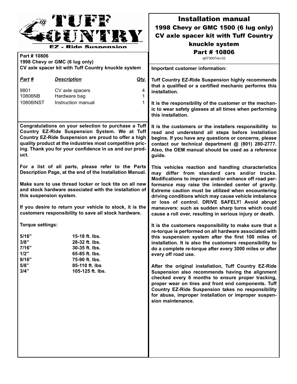 Tuff Country 10806 - GM 88-98 CV Axle Spacer Kit User Manual | 3 pages