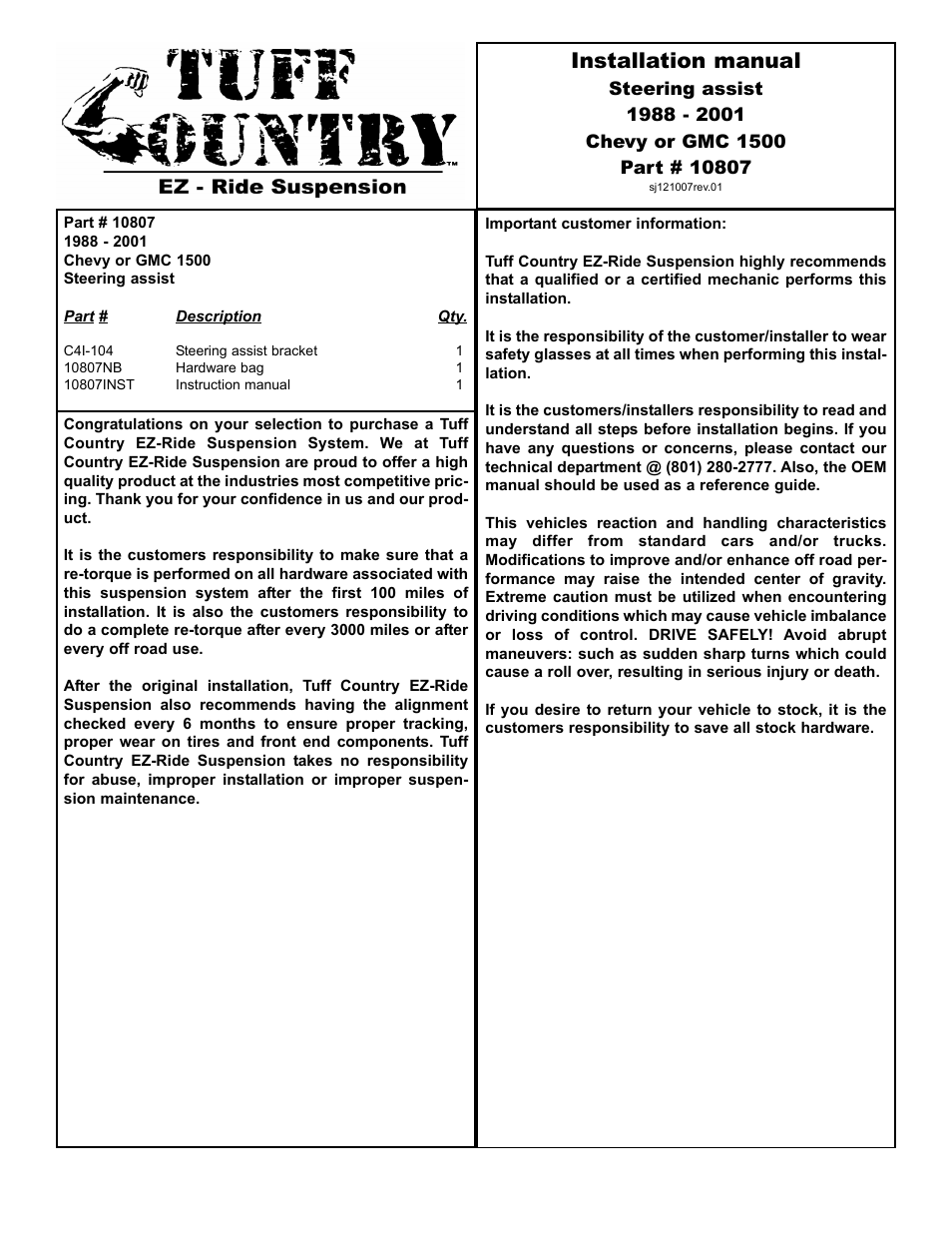 Tuff Country 10807 - GM 88-01 Steering Assist User Manual | 3 pages