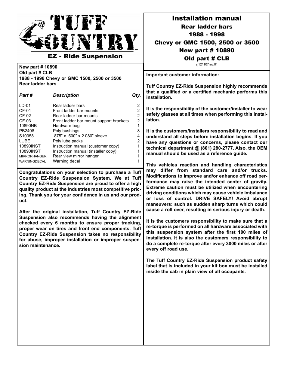 Tuff Country 10890 - GM 88-98 Ladder Bars User Manual | 4 pages