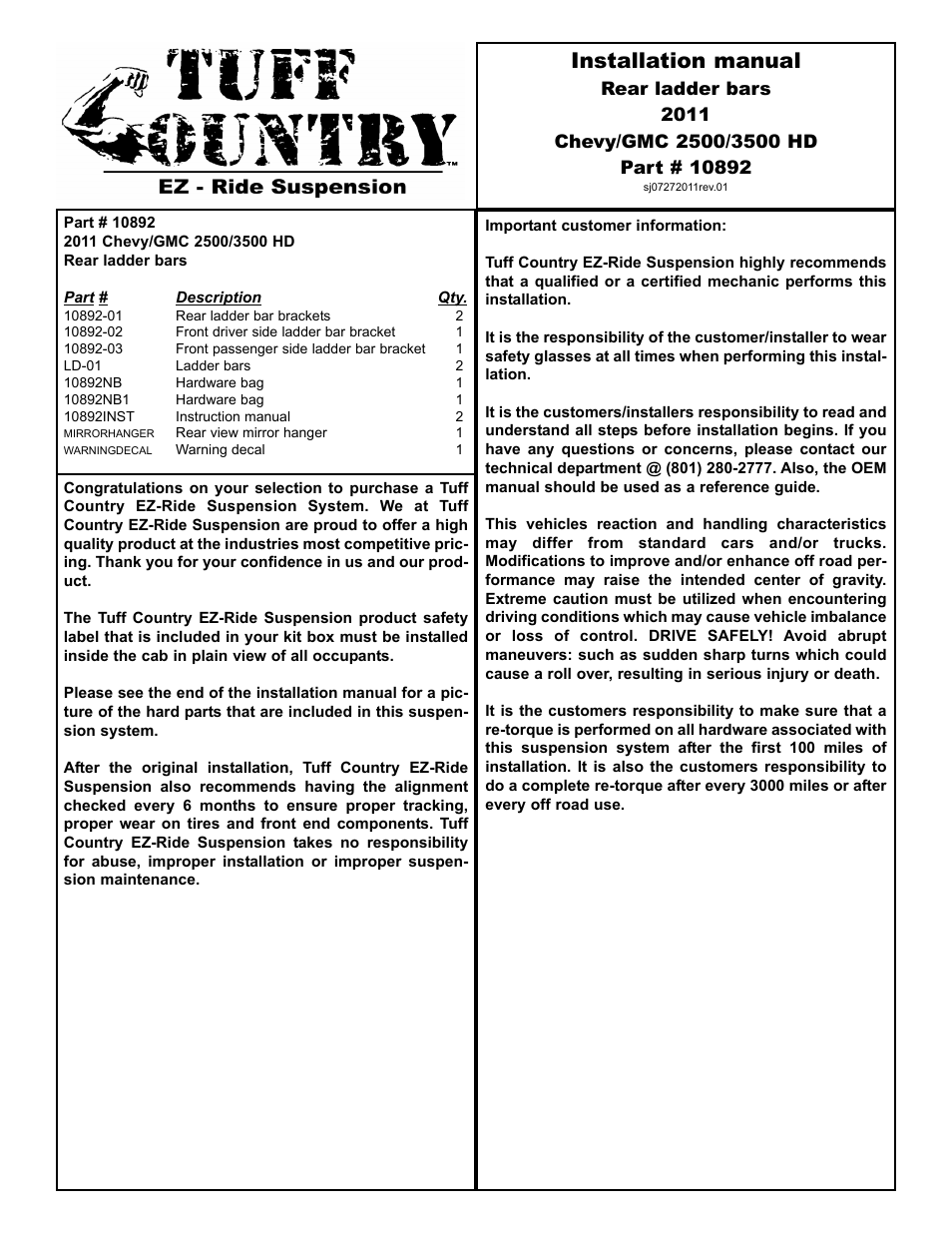 Tuff Country 10890 - GM 2011 Ladder Bars User Manual | 5 pages