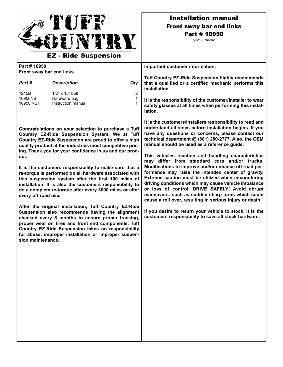 Tuff Country 10950 - GM Sway Bar End Links User Manual | 3 pages