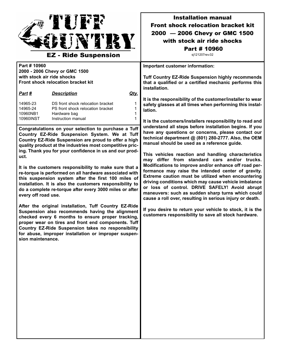 Tuff Country 10960 - GM Front Shock Relocation Bracket Kit User Manual | 3 pages