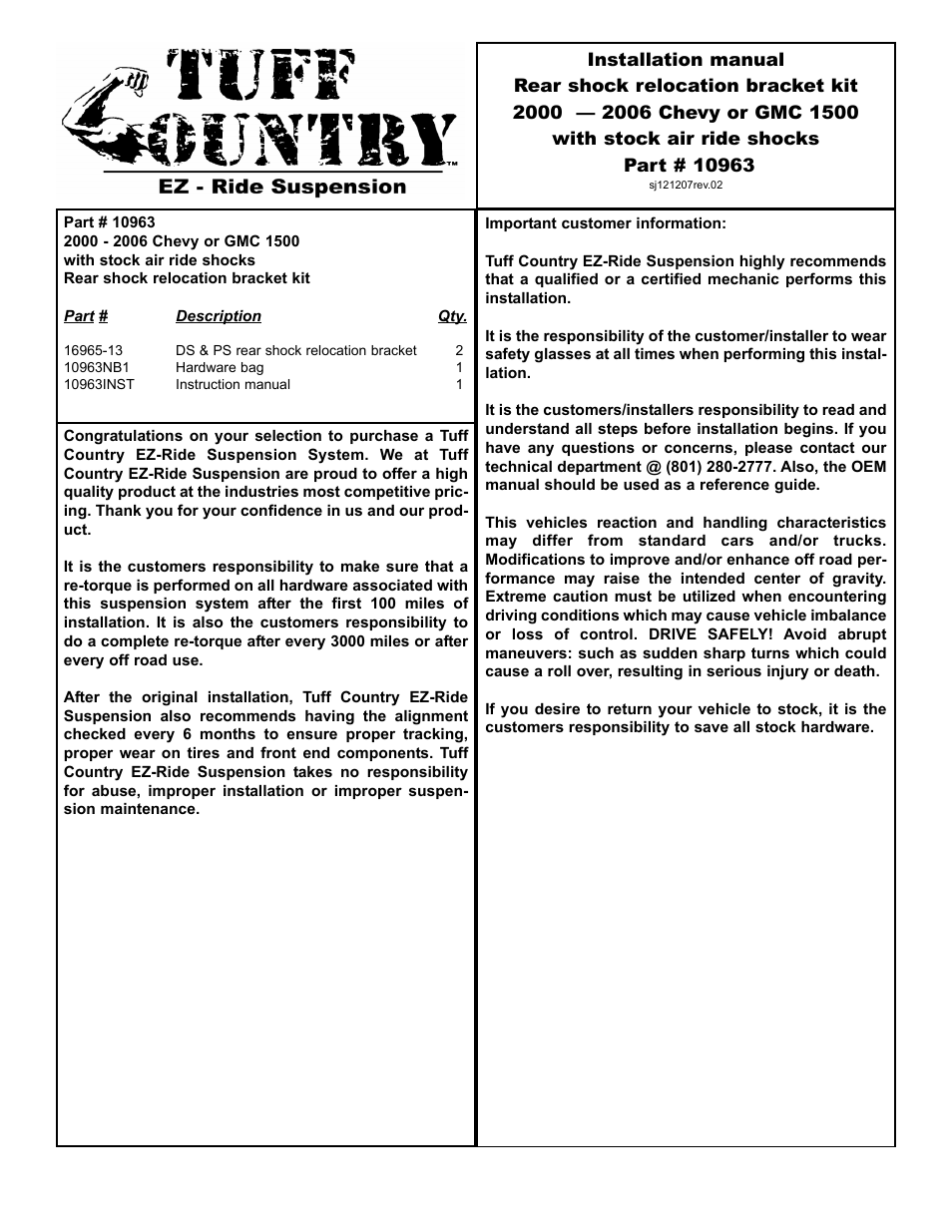 Tuff Country 10963 - GM Rear Shock Relocation Bracket Kit User Manual | 3 pages