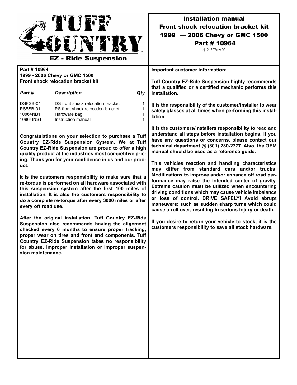 Tuff Country 10964 - GM Front Shock Relocation Bracket Kit User Manual | 4 pages