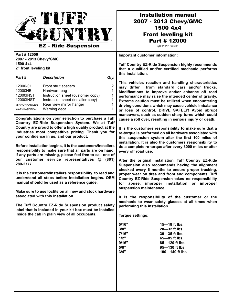 Tuff Country 12000 - GM 07-11 2 leveling kit User Manual | 4 pages