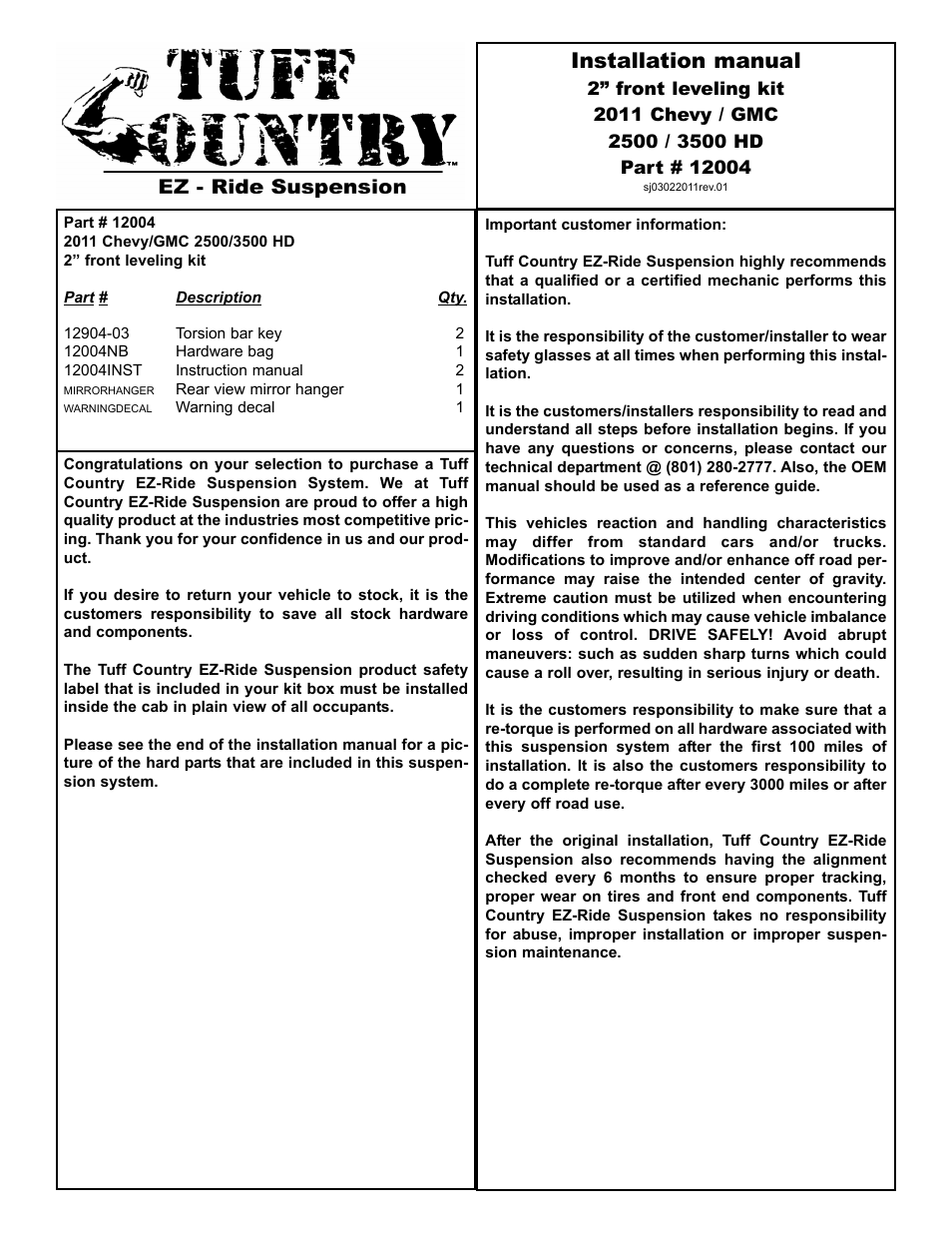 Tuff Country 12004 - GM 2011 Silverado 2500HD / 3500HD 2 leveling kit User Manual | 4 pages