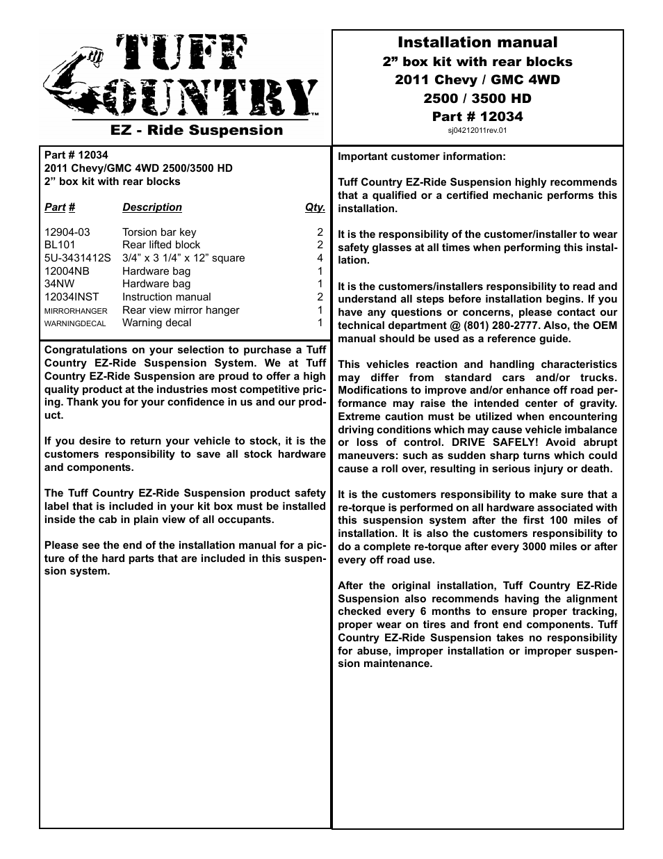 Tuff Country 12034 - GM 2011 Silverado 2500HD / 3500HD 2 lift kit User Manual | 5 pages