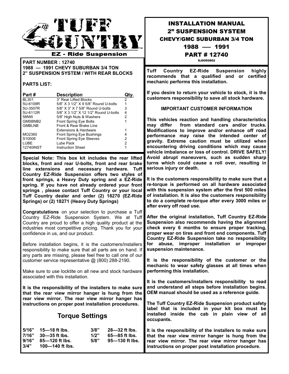 Tuff Country 12740 - GM 88-91 3/4 ton Suburban 2 box kit User Manual | 8 pages