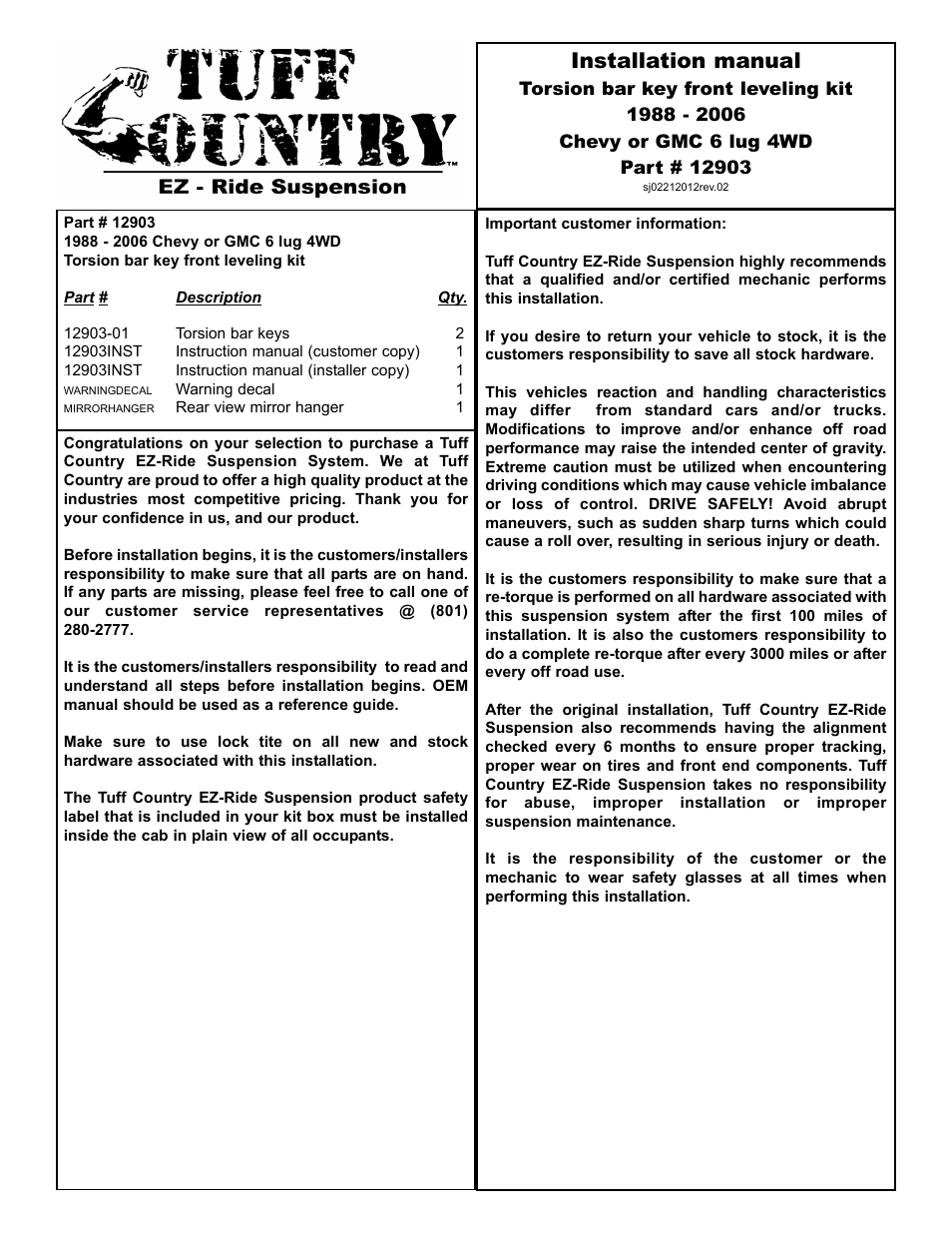 Tuff Country 12903 - GM 88-06 K1500 torsion bar keys User Manual | 4 pages