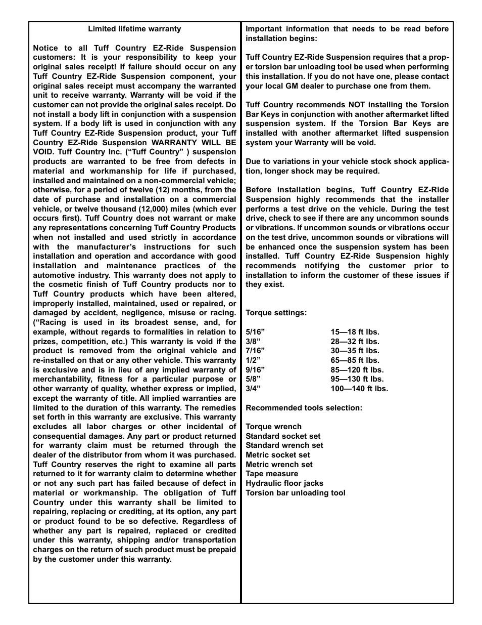 Tuff Country 12903 - GM 88-06 K1500 torsion bar keys User Manual | Page 2 / 4