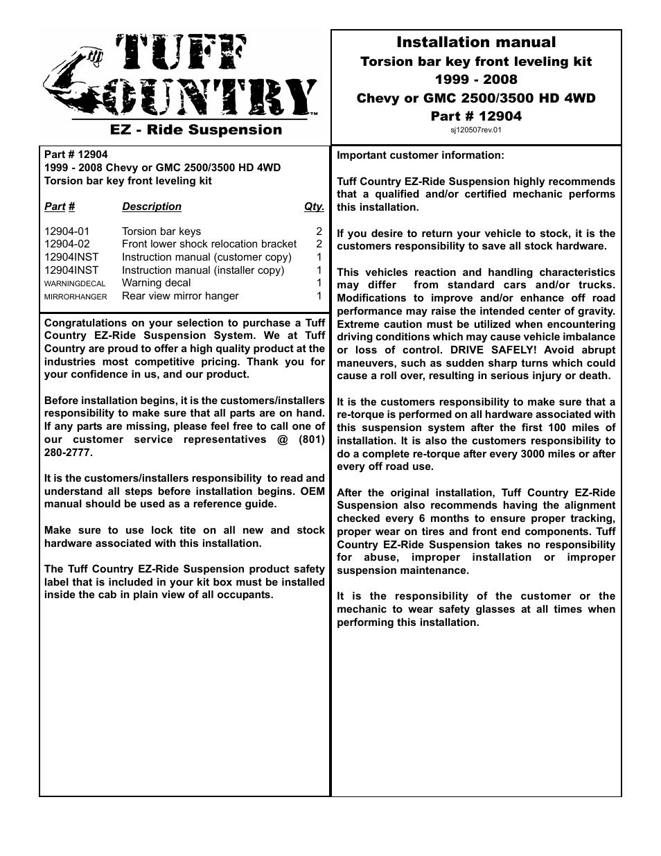 Tuff Country 12904 - GM 01-10 K2500HD/K3500HD torsion bar keys User Manual | 3 pages