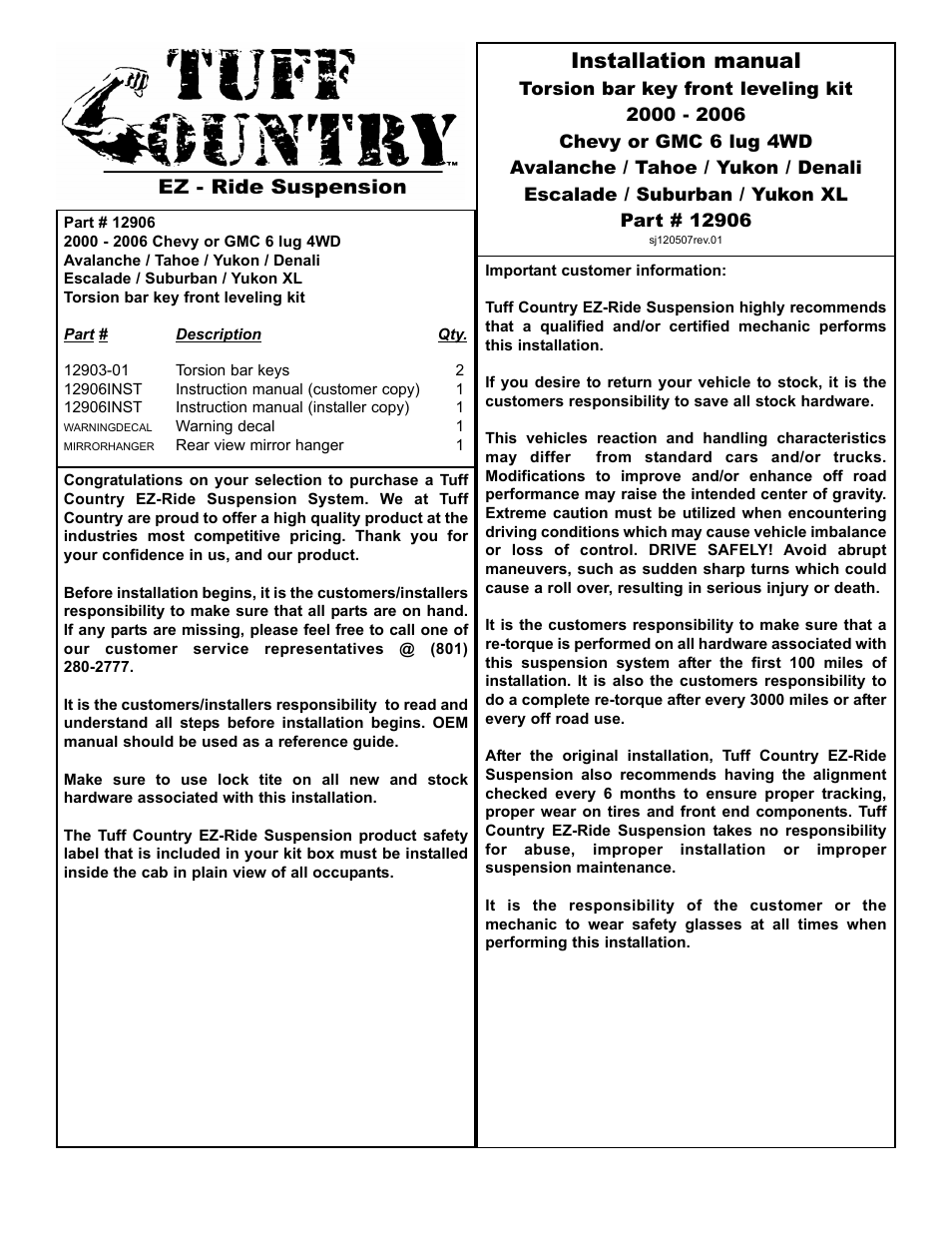 Tuff Country 12906 - GM 00-06 Suburban/Tahoe torsion bar keys User Manual | 3 pages