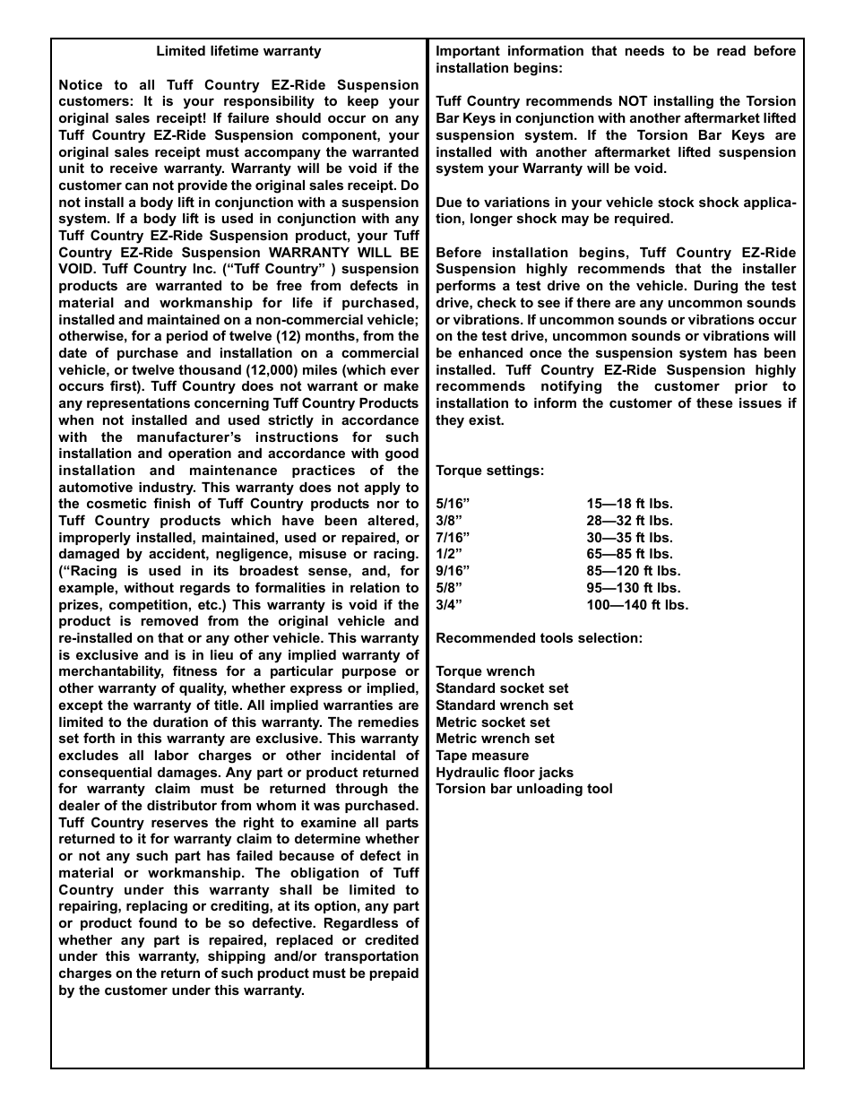 Tuff Country 12908 - GM 04-12 Colorado / H3 torsion bar keys User Manual | Page 2 / 3
