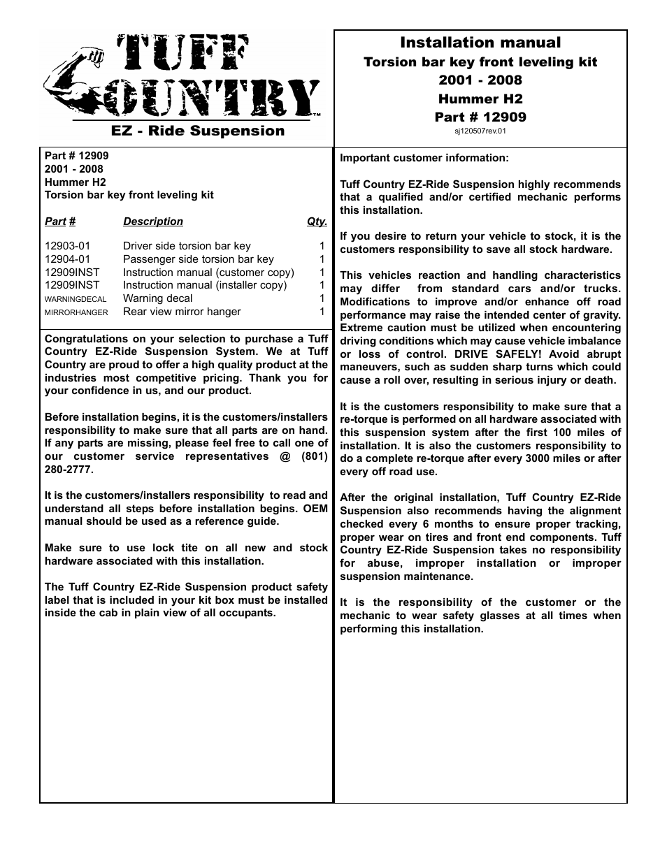 Tuff Country 12909 - Hummer 01-09 H2 torsion bar keys User Manual | 3 pages