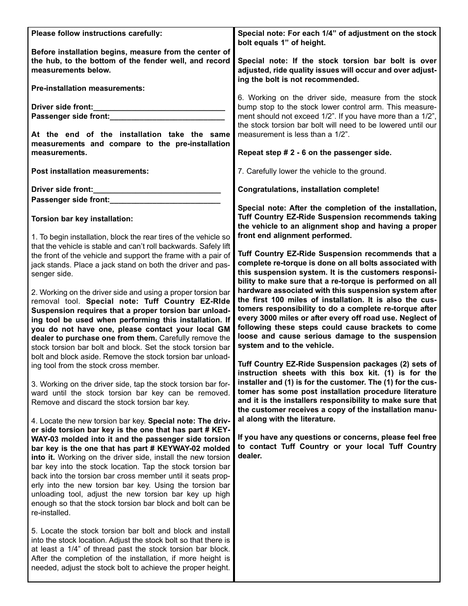 Tuff Country 12909 - Hummer 01-09 H2 torsion bar keys User Manual | Page 3 / 3